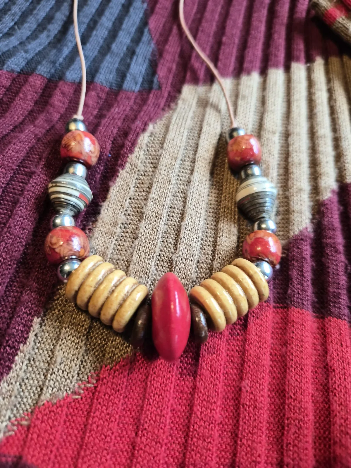 A contrasting second finished necklace interpretation arranged on the same dress